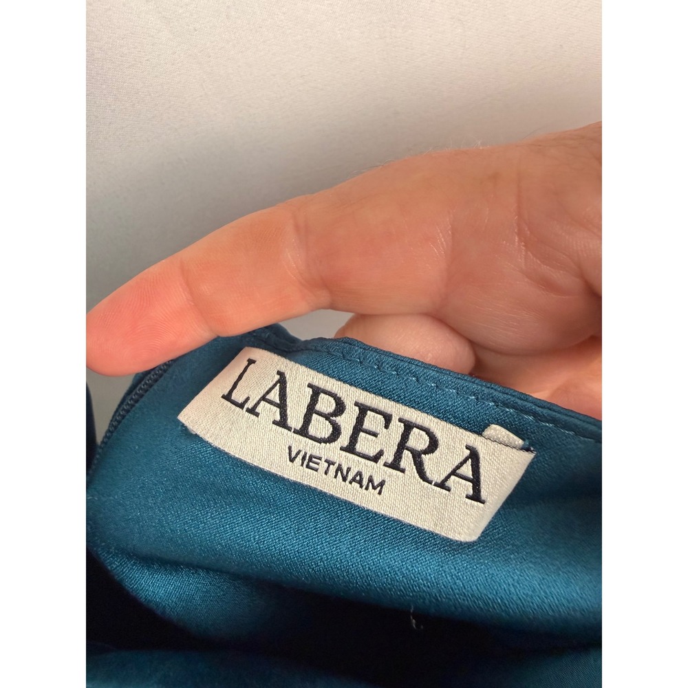Labera Satin Teal Blue Halter Maxi Dress Plunging Bodice Formal Classic Timeless - Picture 7 of 8